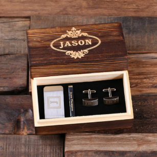 Engraved Cufflink Set with Tie Bar and Money Clip