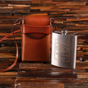 Engraved Brown Leather Pouch and Whiskey Flask