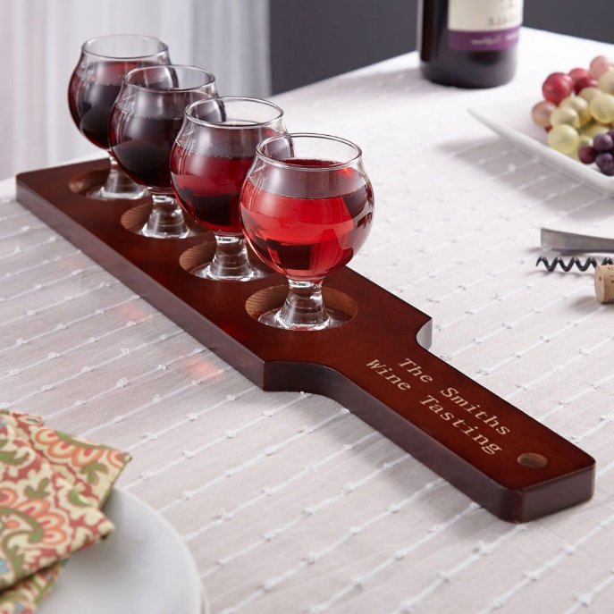 Unique Engraved Wooden Flight With Wine Glasses