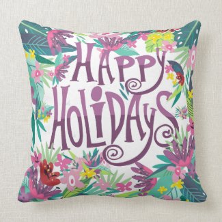 Happy Holidays Colorful Tropical Flowers Frame Throw Pillow