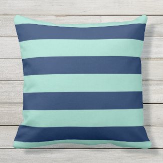 Outdoor Seafoam Green and Navy Stripes Outdoor Pillow