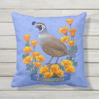 California State Bird Quail & Golden Poppy Outdoor Pillow