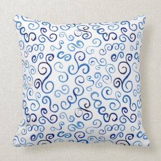 Whimsical Prussian Blue Watercolor Curves Throw Pillow