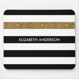 Modern Black Stripes FAUX Gold Glitz and Name Mouse Pad