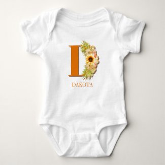 Letter D Sunflower Floral Monogram with Name Baby Bodysuit