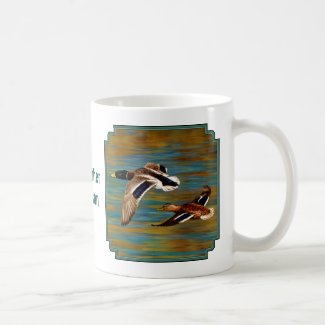 Mallard Ducks Flying Over Pond Coffee Mug