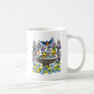 Bluebirds Goldfinches and Fountain Birdbath Coffee Mug