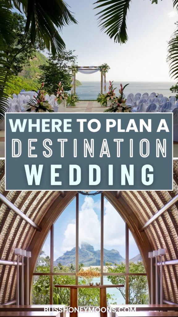 A collage featuring a wedding arch and outdoor seating at the top and space for an indoor ceremony overlooking a lake and mountains at the bottom.