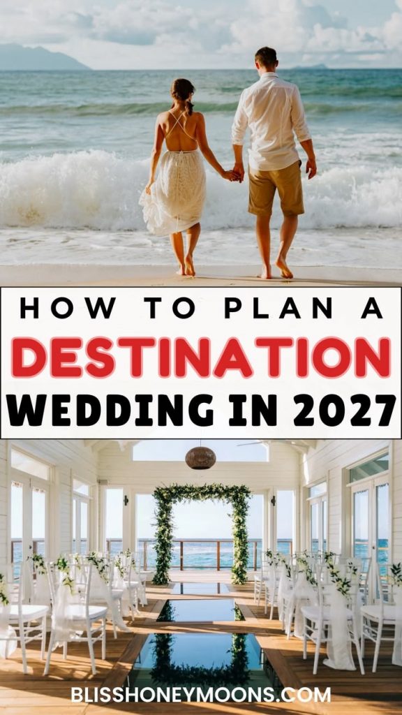 A collage featuring a couple walking into the water holding hands at the top, and a wedding arch and seating for guests at the bottom.