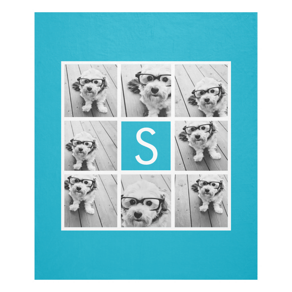 Aqua Blue Photo Collage Custom Monogram Fleece Blanket
