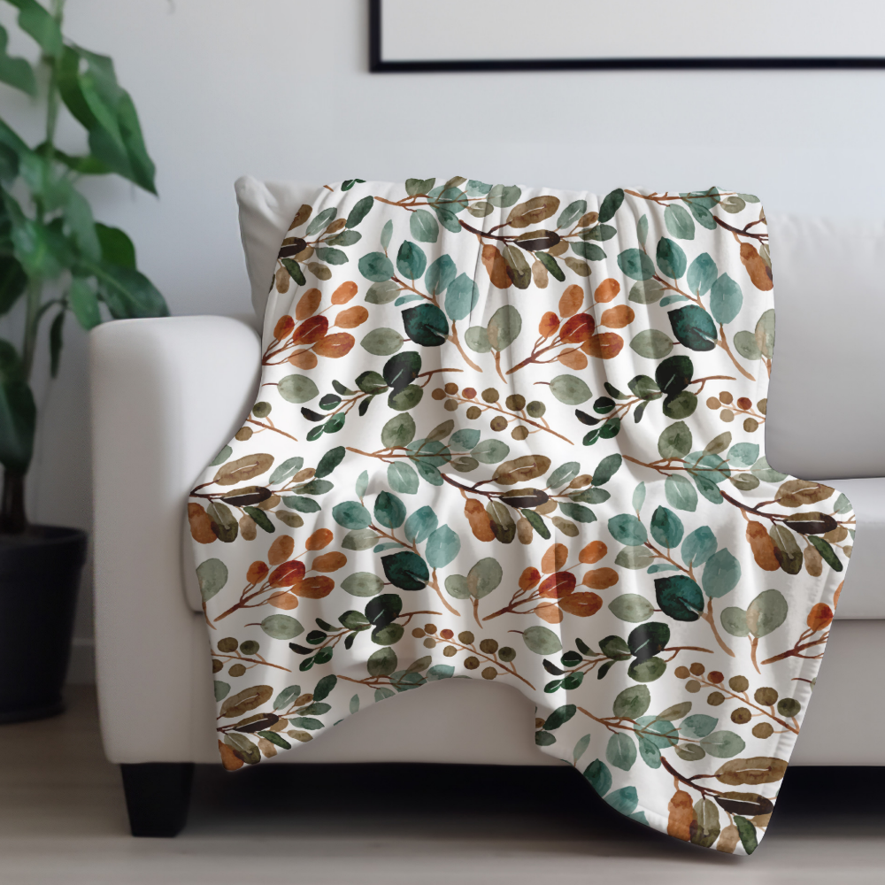 Teal Rust Sage Green Brown Leaves Autumn Fleece Blanket