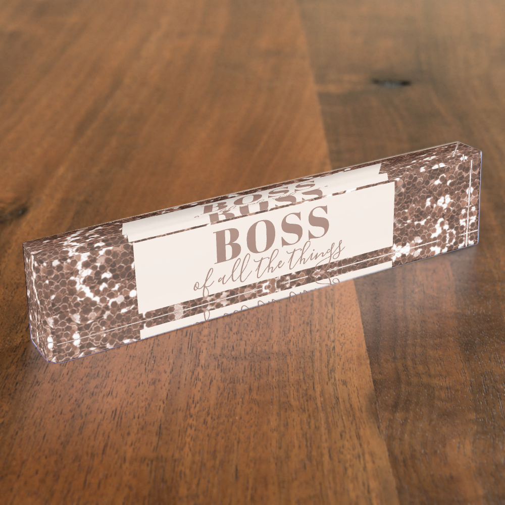 Faux Rose Gold Glitter Boss Acrylic Block Desk Name Plate