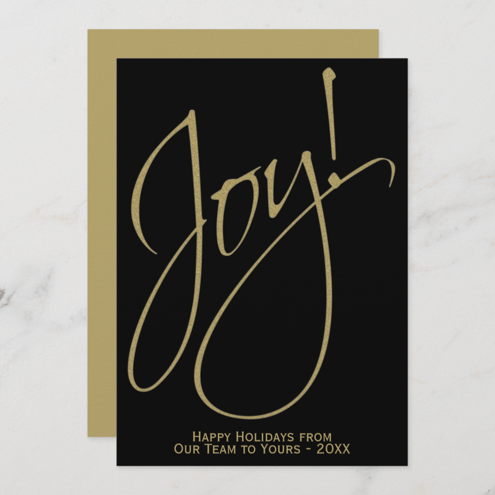 Joy! Minimalist Gold on Black Modern Script Holiday Card