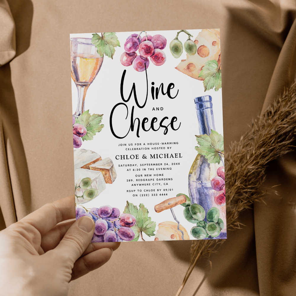 Wine & Cheese Watercolor Housewarming Party Invitation