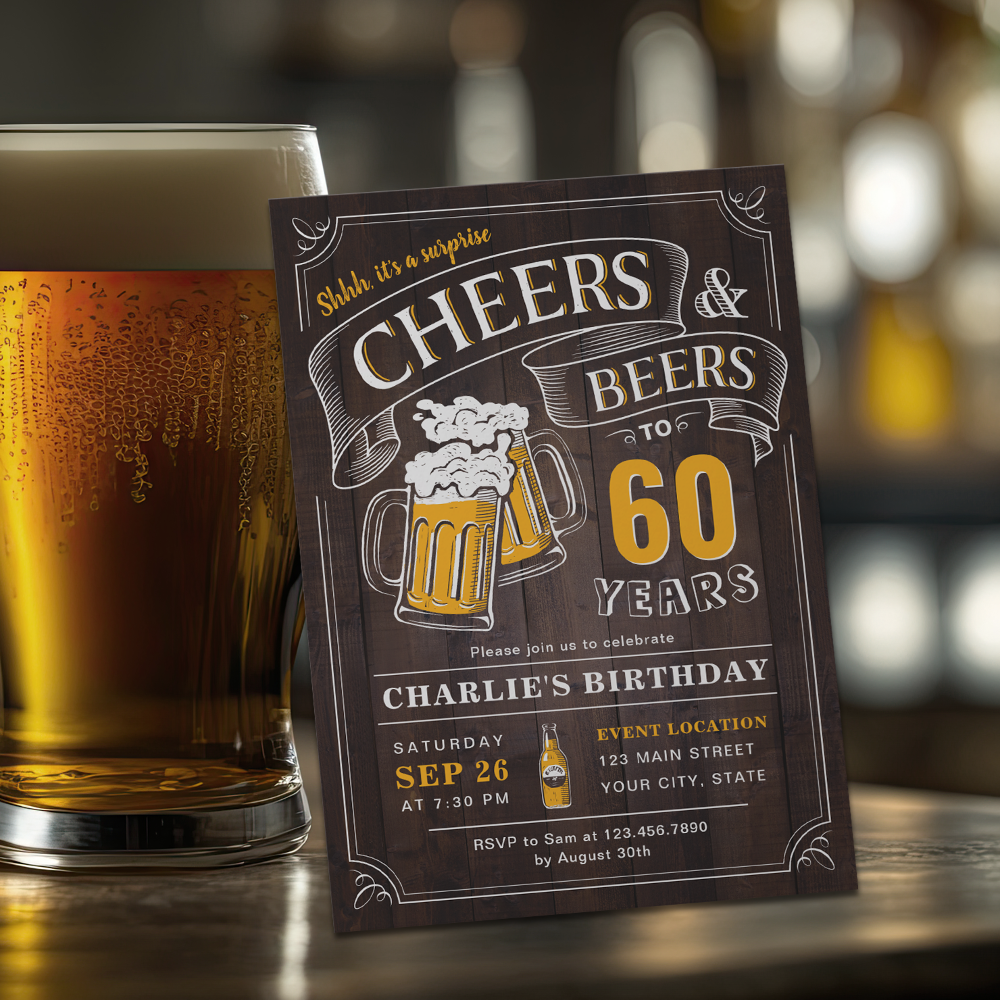 Any Age Wood Cheers And Beers Surprise Birthday Invitation
