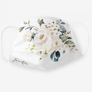 White Watercolor Floral Wedding Bouquet with Name Adult Cloth Face Mask