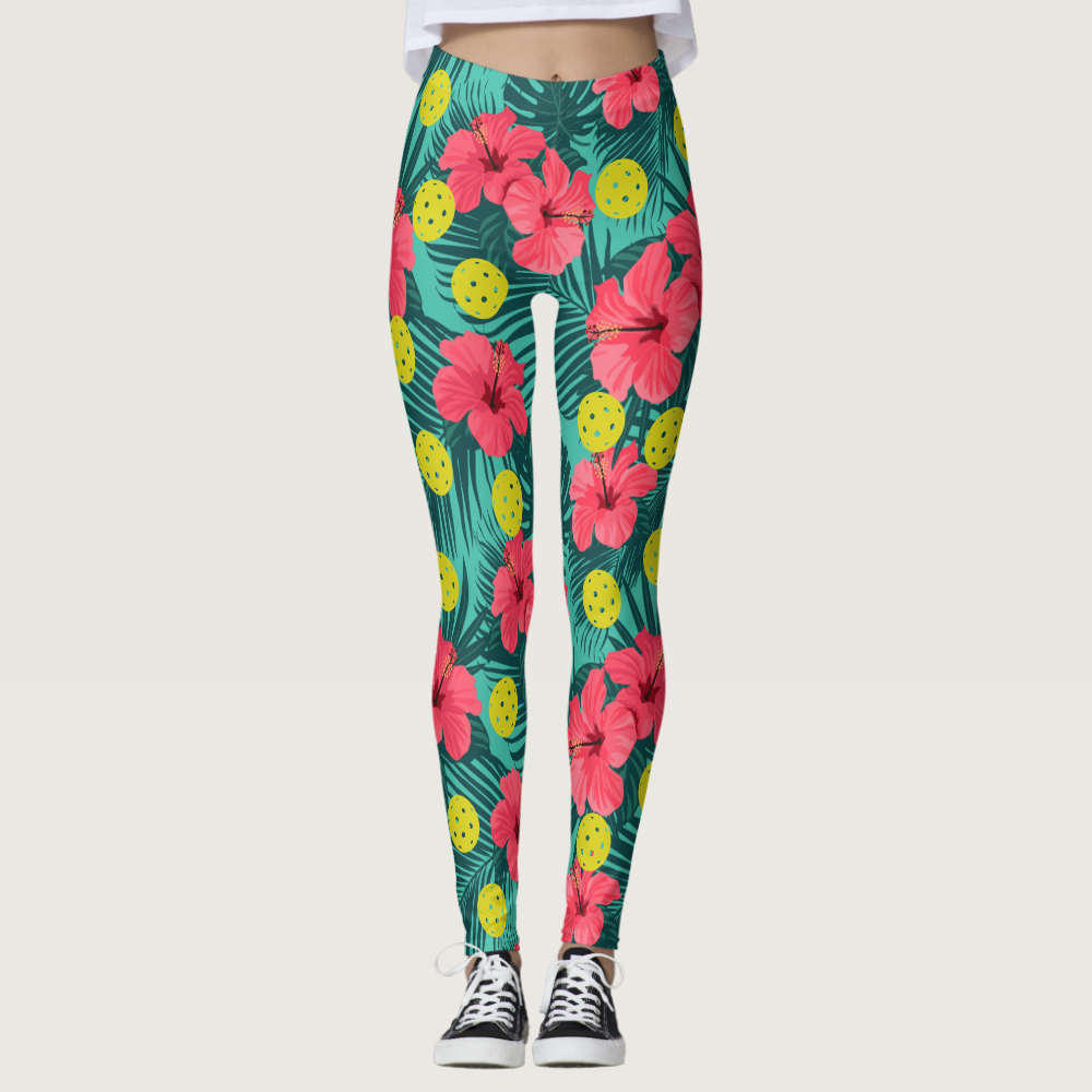 Fun Pickleball Tropical Hibiscus Flower Sports Leggings