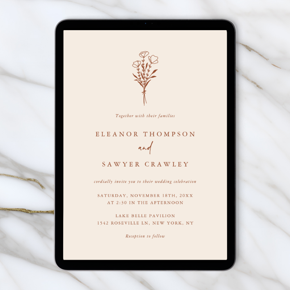 Boho Minimalist Botanicals Terracotta Wedding Invitation