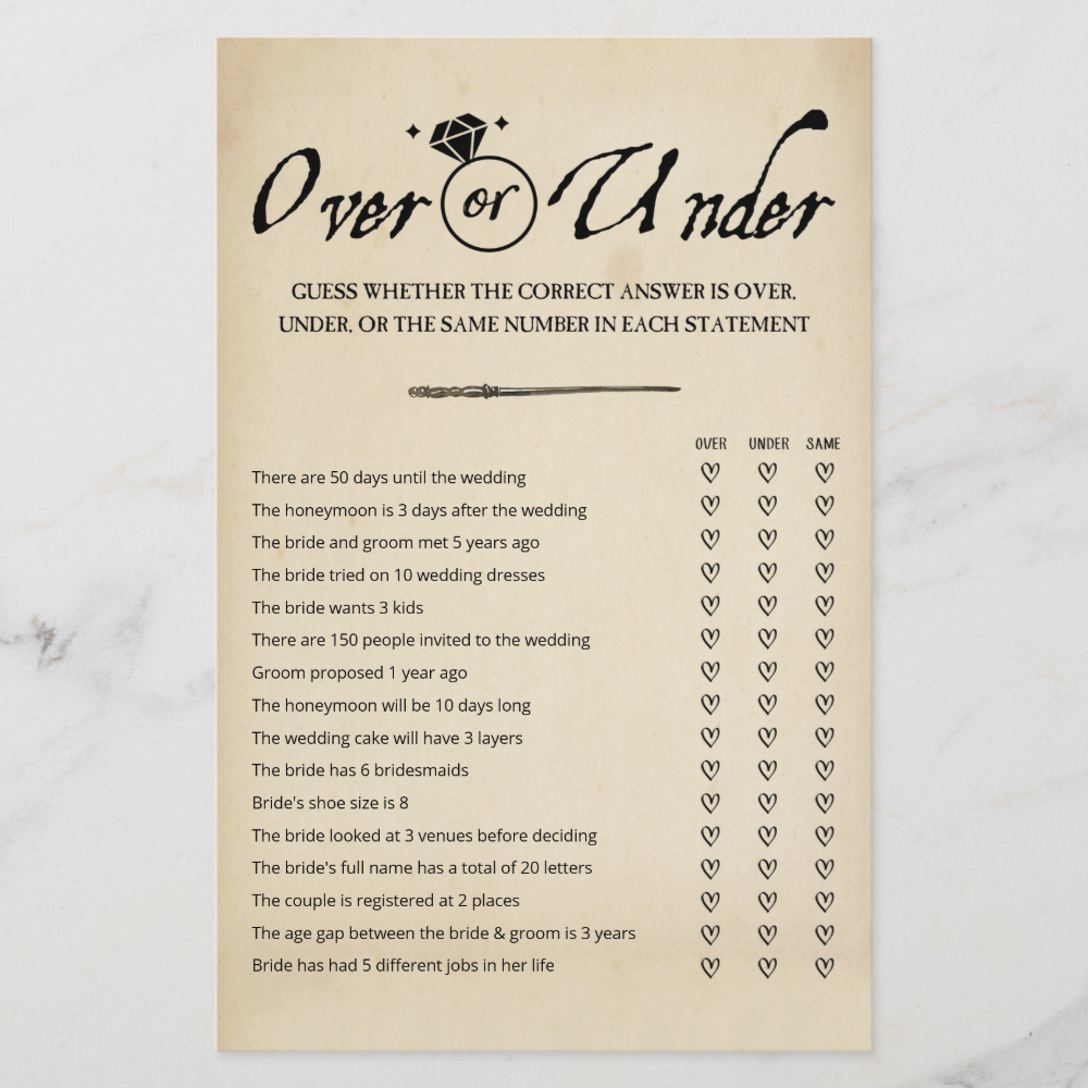 Magical Wizard Over or Under Bridal Shower Game