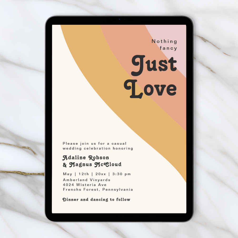 Modern Retro 70's Rainbow Just Love Wedding Invitation