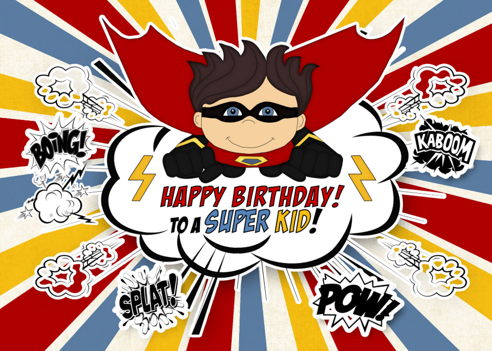Boys Birthday Super Kid Red and Blue Comic Book Card
