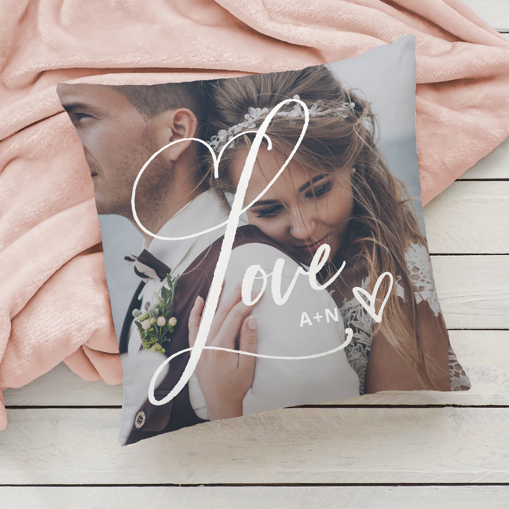 Love in Elegant Script | Two Photo with Heart Throw Pillow
