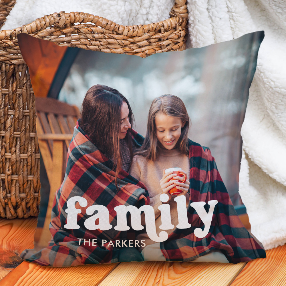 Family | Boho Text Overlay with Two Photos Throw Pillow
