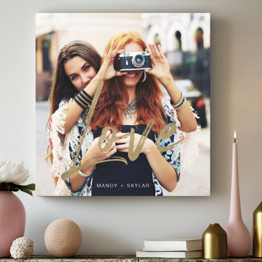 Gold Love Brush Script Overlay Couple Photo Memory Faux Canvas Print

