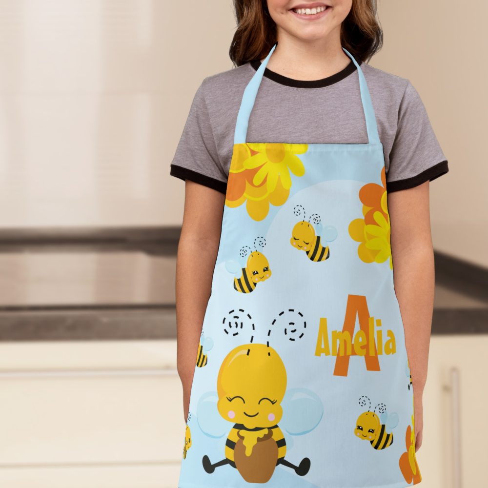 Cute Happy Bumble Bee with Flowers Little Kid Apron
