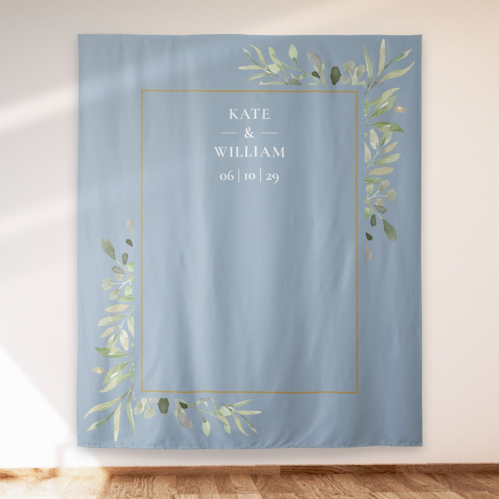 Dusty Blue Greenery Wedding Photo Booth Backdrop
