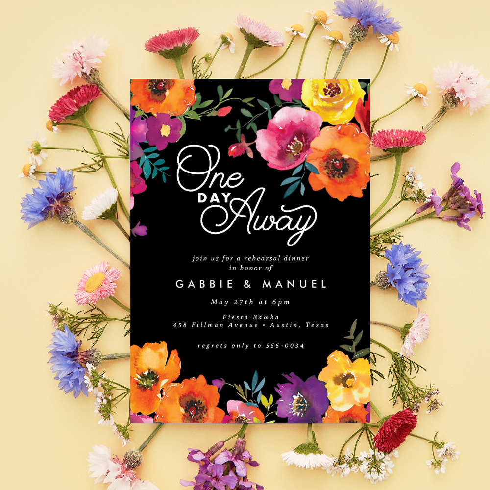 Fiesta Colorful Floral Black Rehearsal Dinner Invitation

