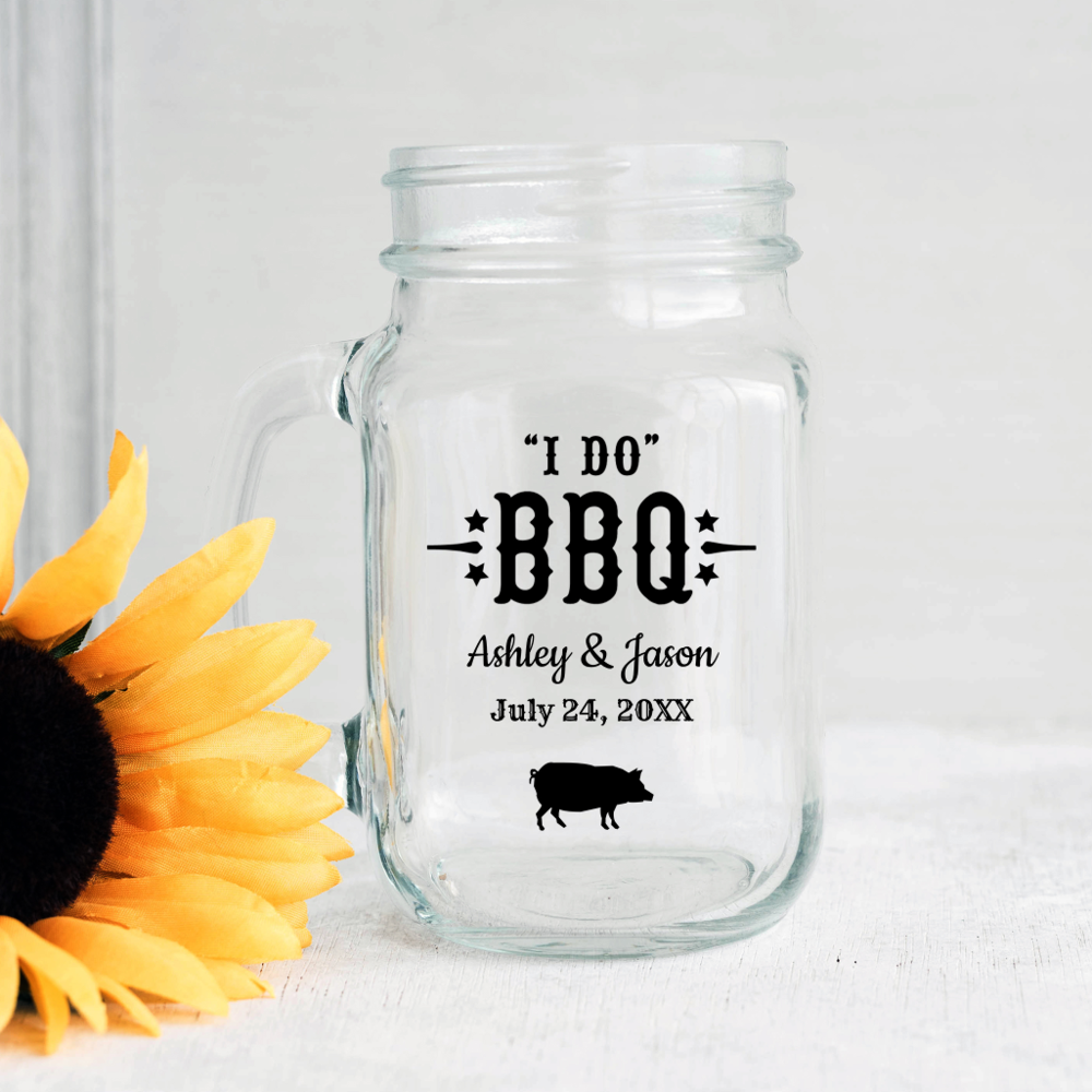 I Do BBQ Rustic Black Pig Wedding Monogram Mason Jar