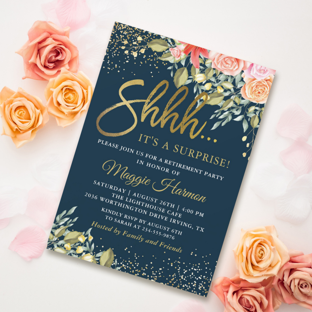 Elegant Floral Blue Gold Surprise Retirement Party Invitation
