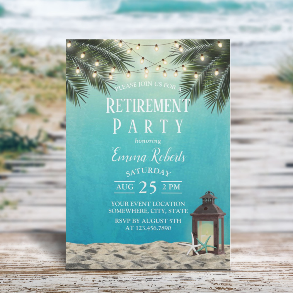 Rustic Lantern Beach Palm Trees Retirement Party Invitation
