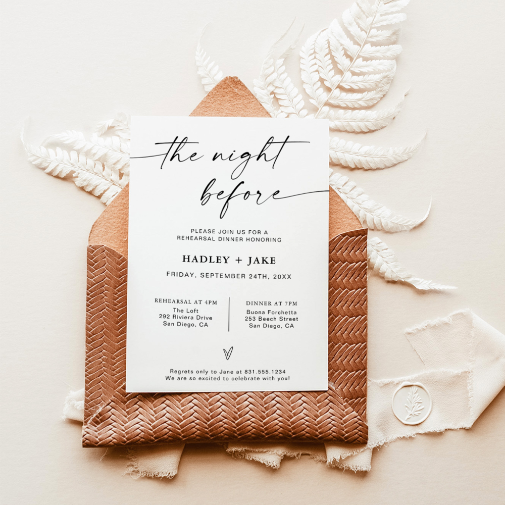 Minimalist Rehearsal Dinner Invite Night Before
