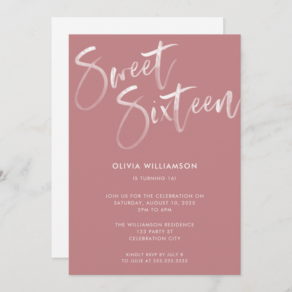 Modern Blush Pink Brush Script Sweet 16 Birthday Invitation