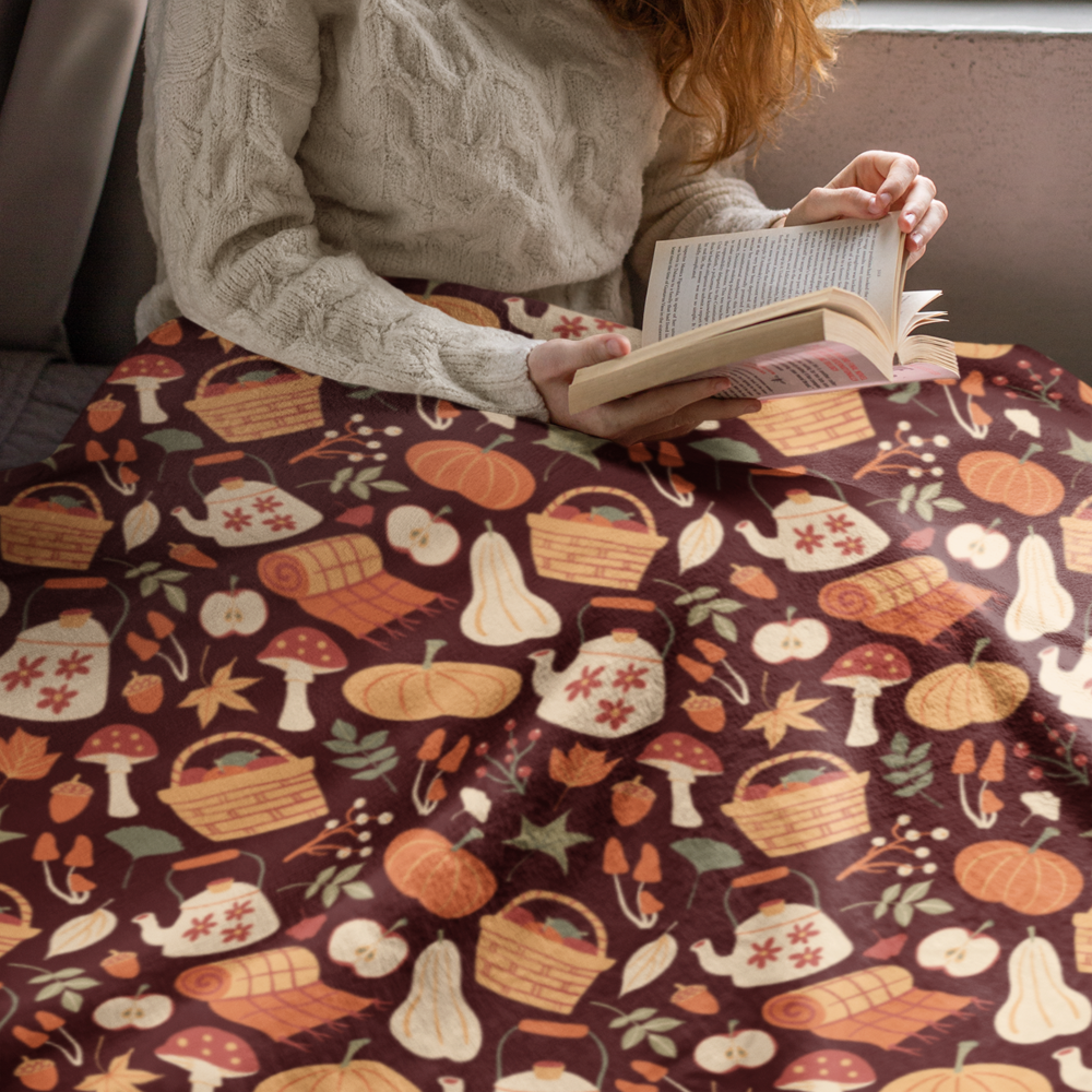 Cozy Fall Apple Picking Picnic Cute Pattern Brown Fleece Blanket
