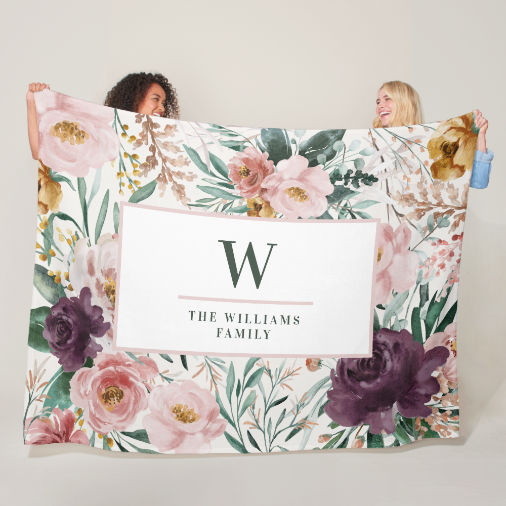 Modern Watercolor Floral Elegant Monogram Pink Thr Fleece Blanket
