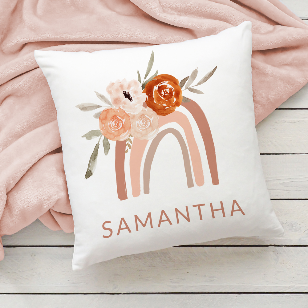 Boho Rainbow with Flowers | Neutral Color Throw Pillow
