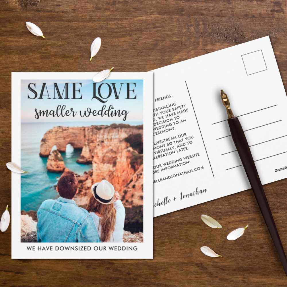Same love smaller wedding downsized simple photo postcard