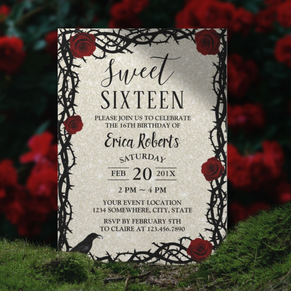 Sweet 16 Fairytale Red Rose & Thorn Modern Glitter Invitation