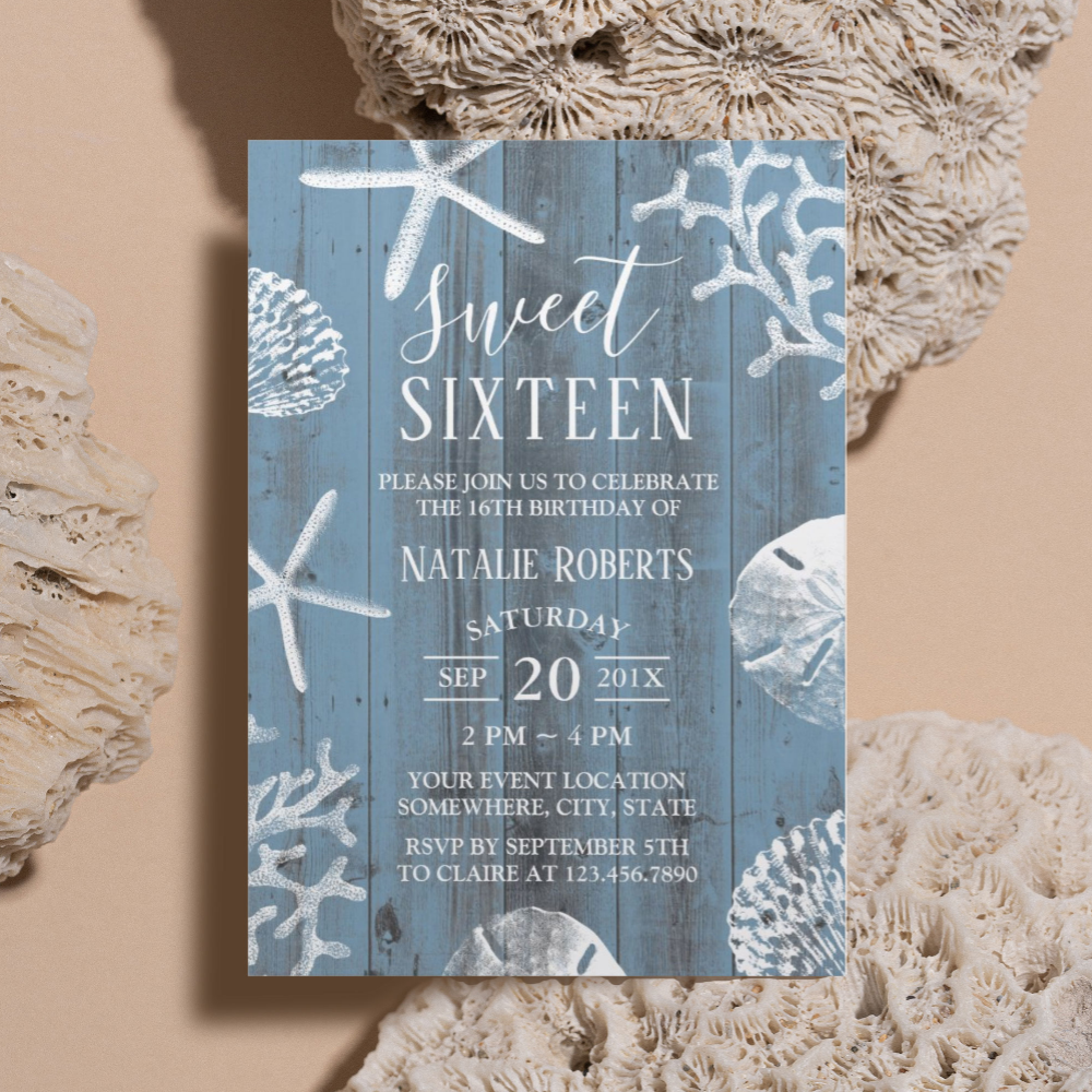 Sweet 16 Party Elegant Dusty Blue Beach Starfish Invitation