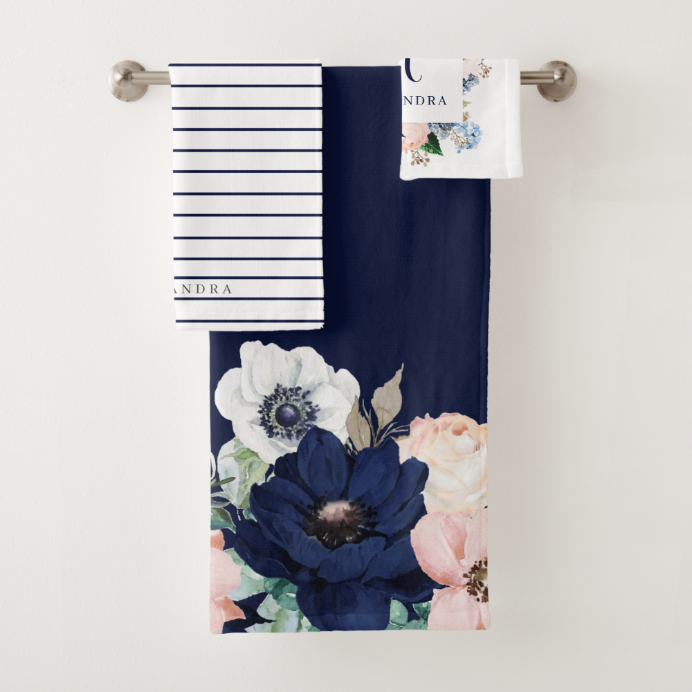 Navy and Blush Floral | Name and Monogram Bath Towel Set
