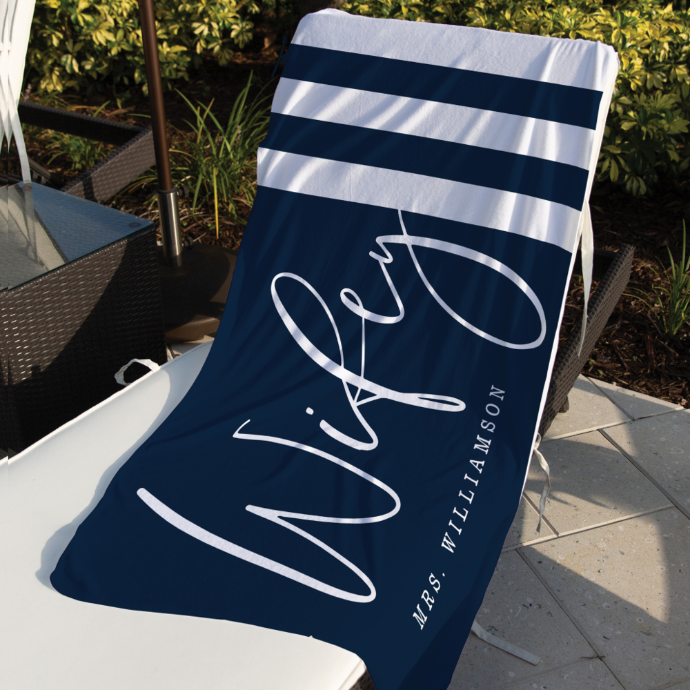 Modern Wifey Script Nautical Navy & White Stripes Beach Towel
