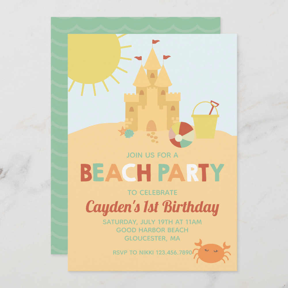 Beach Party Summer Sand castle retro Birthday Invitation
