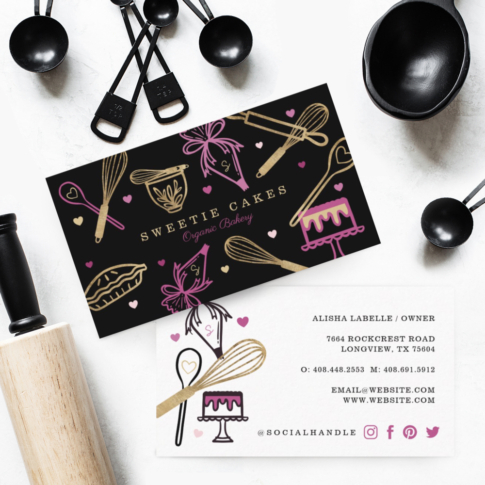 Fun Colorful Baking & Cooking Utensil Black & Gold Business Card
