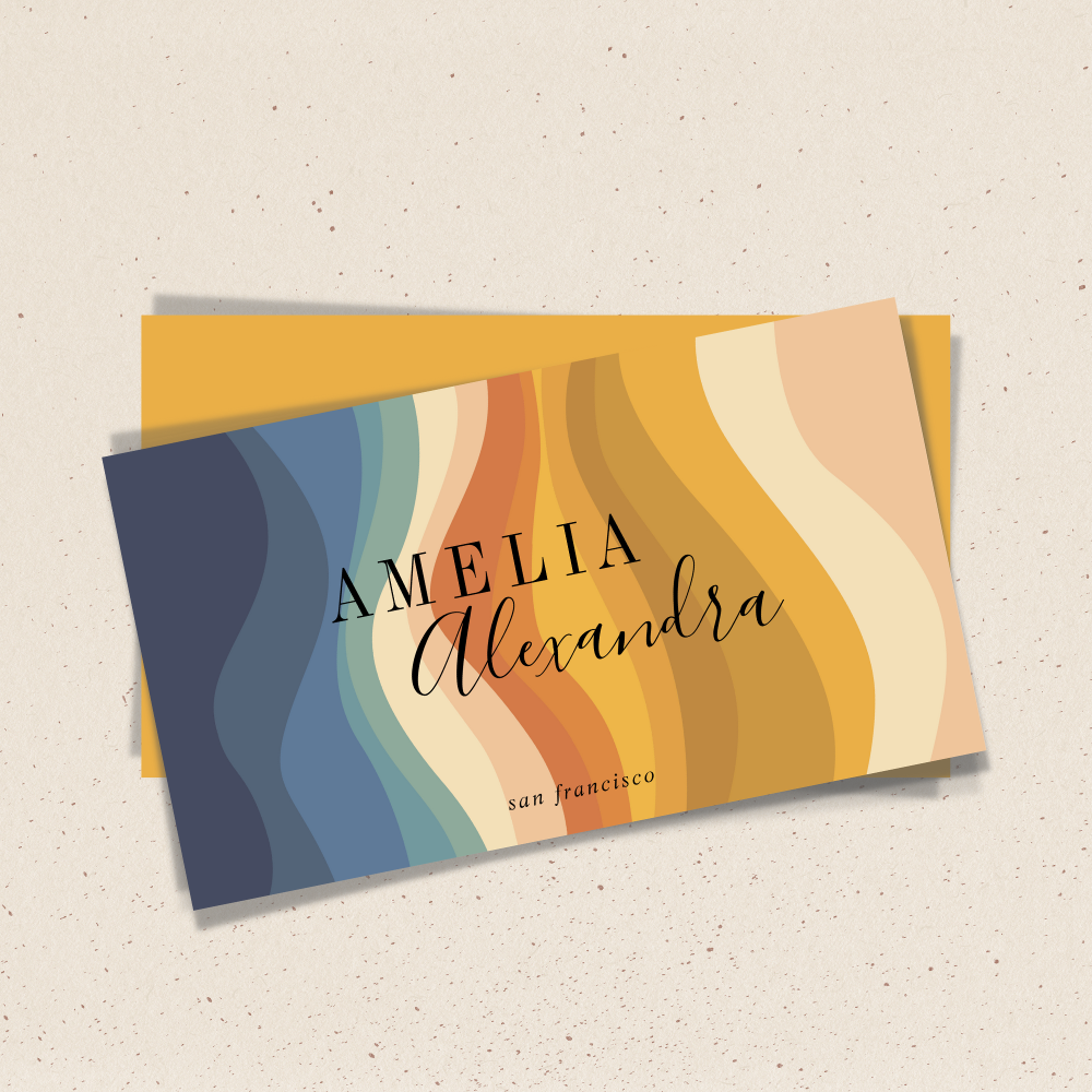 Boho Retro Script Abstract Wavy Lines Yellow Blue Business Card
