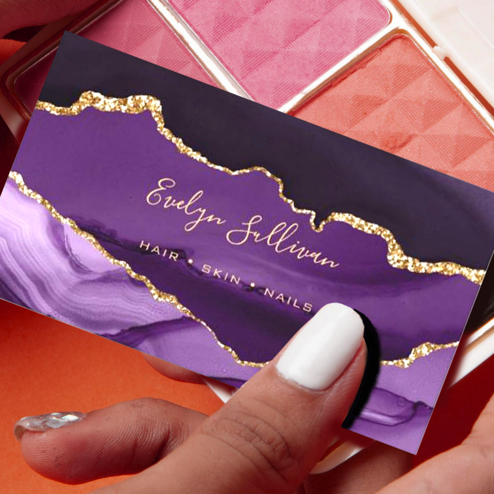 Elegant Watercolor Purple and Gold Agate Business Card
