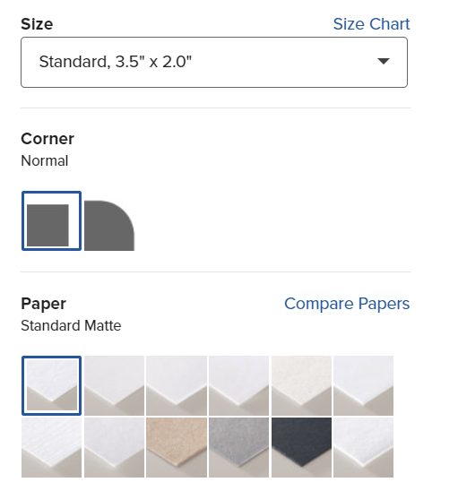 Choose a Size, Corner and Paper Type for Business Cards