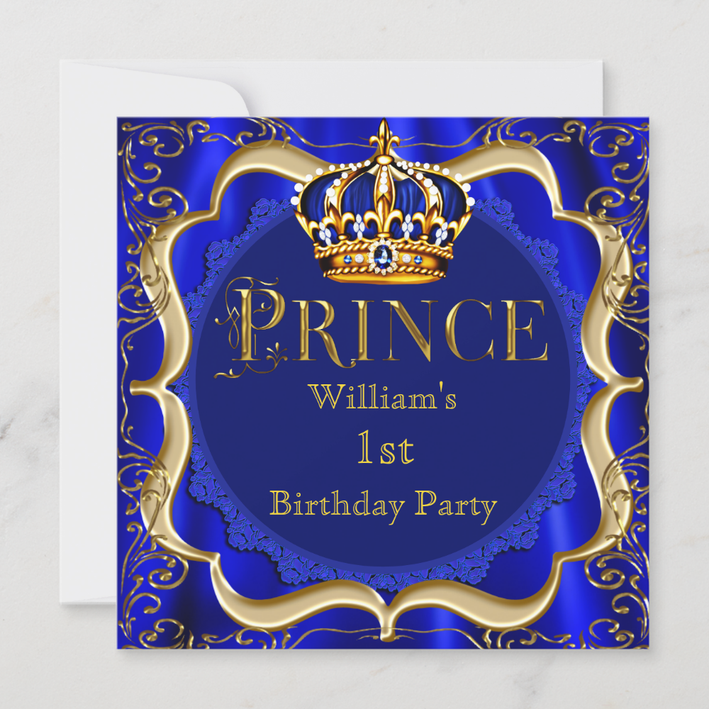 Prince 1st Birthday Boy Royal Blue Gold Crown A Invitation

